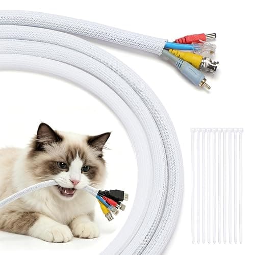 Yecaye 30ft - 1/2 inch Cord Protector Cable Sleeve, Split Braided Wire Loom Tubing for TV Computer USB Cable Power Cord, Cable Management Cord Protectors from Pets no Chew, White (with 10 Zipties) - Image 1