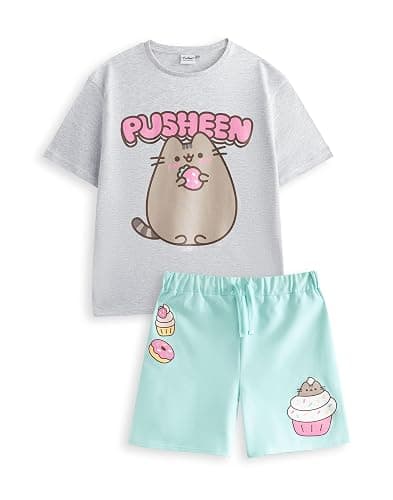 Pusheen the Cat Girls Grey T-Shirt and Shorts Set | Mint Green Graphic Tee with Elasticated Waistband - Image 1