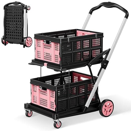 DKENICOR 8-in-1 200LBS Collapsible Shopping Cart, Multi Functional Utility Cart with 2 Storage Crate,Adjustable Handle Grocery Cart on Wheels for Shopping, Warehouse, Office, Supermarket, Pink - Image 1