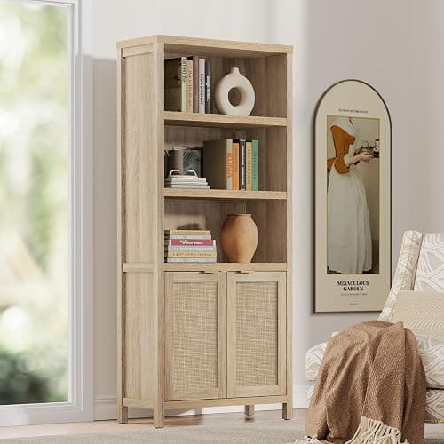 SICOTAS Bookcase 71" Tall Bookshelf 5 Tier Rattan Boho Bookcase with Doors Storage Large Book Case Shelf Farmhouse Bookshelves Library Book Shelves for Living Room Bedroom Home Office Kitchen - Reclaimed Light Oak - 1 Piece - Image 1