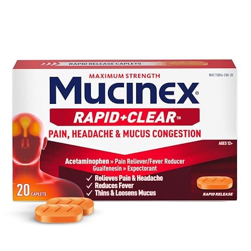 Mucinex Rapid Clear Maximum Strength Cold Medicine & Expectorant, Fever, Pain, Headache, & Excess Mucus Relief with Acetaminophen & Guaifenesin, Rapid Release Caplets for Adults, 20 Count - Day - New Formulation - 20 Count (Pack of 1) - Image 1
