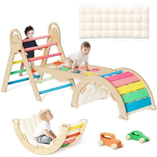 ElegantCrafts Pikler Triangle Set with Cushion, Montessori Climbing Set, Indoor Climb Toys, Indoor Playground Jungle Gyms, 9 Combinations Climbing Toy Set for Toddler, Baby, Kids 1-4 - Image 1