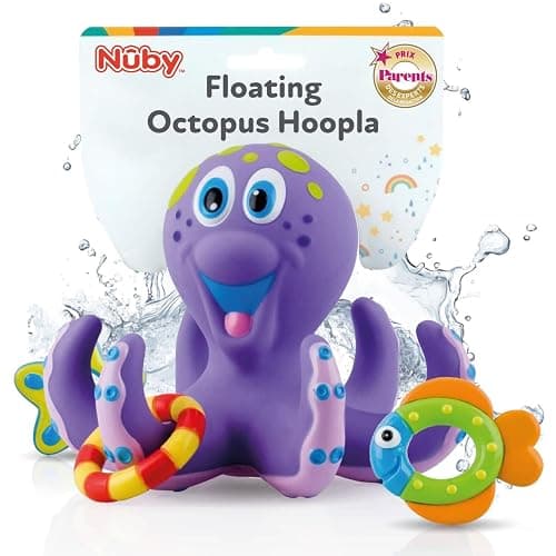 Nuby Floating Octopus Toy with 3 Hoopla Rings - Baby & Toddler Bath Toy - No Hole Design Keeps Moisture Out - Fine Motor Skills - 18+ Months - Great Baby Pool Toy - Floating Octopus with Rings - Image 1