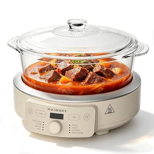 MAGNIFIQUE Slow Cooker, 4.5 Quart 8-in-1 Glass Pot Multi-Cooker, Non-Toxic Slow Cooker with Removable Borosilicate Glass Pot, for Rice, Pasta, Steam & Proof, Oatmeal - Image 1