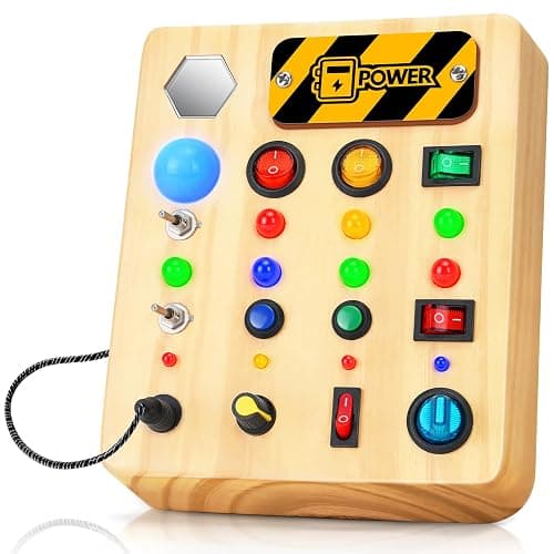 TINTECUSA Busy Board Montessori Toys for Toddler, Wooden Sensory Board Switch Toy with Shape Sorter LED Light Up Toys Educational Plane Travel Activity for Girls & Boys - LED Busy Board - Image 1