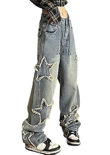AULKEEP Womens Star Print Gradient Jeans Loose Ripped Graphic Pants Punk High Waist Bottom Jeans with Pocket - Image 1