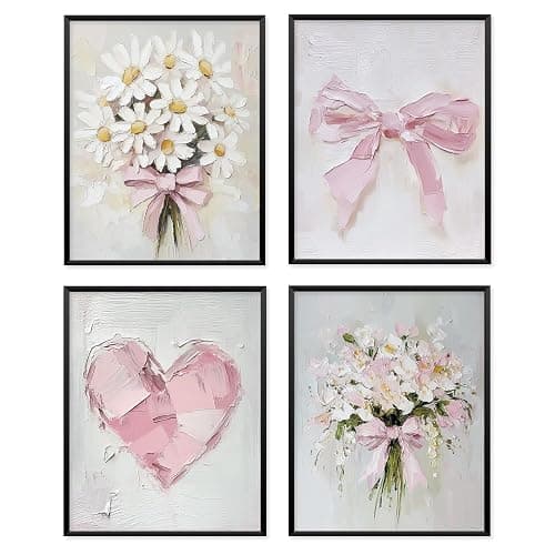Locomiss Pink Vintage Floral Cute Bow Posters Wall Art Decor, Girly Wildflowers Bouquet Oil Painting Wall Art Decor for Teen Girl Bedroom Dorm Living Room Bathroom,Set of 4 (8x10 Unframed) - Image 1