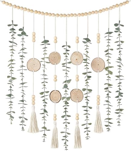 Dahey Hanging Artificial Plant Eucalyptus Wall Decor 31'' Wooden Bead Garland with Fake Greenery Leaves Boho Rustic Farmhouse Wall Art for Living Dining Room Bathroom Bedroom Kitchen Decoration - Image 1