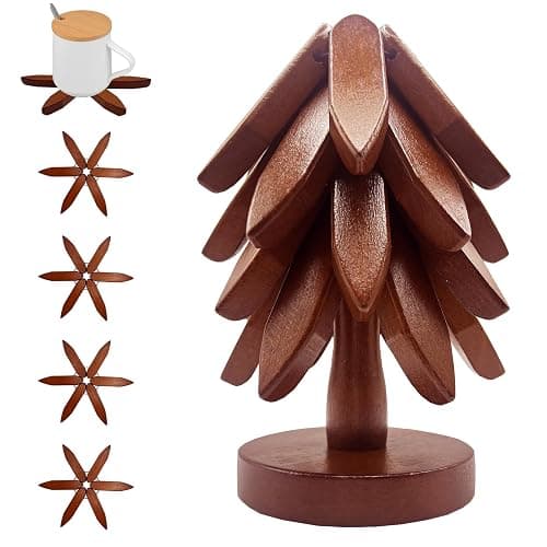 Wooden Trivets for Hot Dishes, Tree Shape Trivet Set, 4 Wooden Trivets + 1 Stand, Stackable Christmas Tree Design, Natural Foldable Kitchen Wooden Trivet, for Pans, Pot, Bowl, Teapot, Hot Pot Holder - Image 1