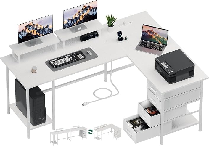 Korfile 59 inch L Shaped Computer Desk with Power Outlets, Home Office Desk with 4 Adjustable Storage Drawers & 2 Monitor Stands, Two Person Gaming Table for Bedroom, White - White - 59 Inch - Image 1