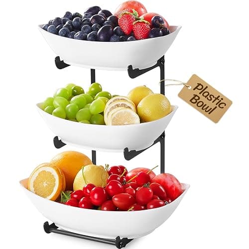 Lifewit Plastic Fruit Bowl Basket for Kitchen Countertop, 3 Tier Fruit Holder with Black Metal Stand, Serving Tray for Food, Vegetable, Cake, Dessert in Party - Image 1