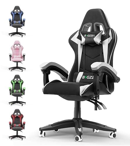 bigzzia Ergonomic Gaming Chair - Gamer Chairs with Lumbar Cushion + Headrest, Height-Adjustable Office & Computer Chair for Adults (without footrest, White) - Image 1