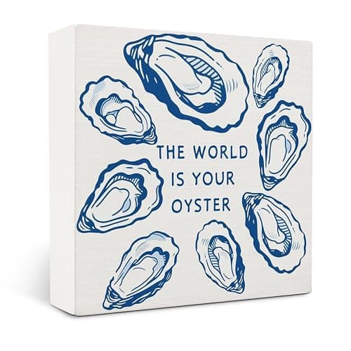 OVAcational Coastal Beach Oyster Wooden Box Sign Desk Decor, Ocean Room Decor, Nautical Oyster Shell Wood Block Sign for Beach House Bedroom Desk Table Shelf Wall Decorations, 5x5 Inch - Image 1