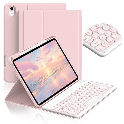 JKSML for iPad (A16) 11th/10th Gen case with Keyboard, Round Key, 7 Color Backlit, Detachable Wireless Keyboard, Stand Folio Cover with Side Pen Holder for iPad 10.9" (2022)/ 11" (2025) - Pink - Image 1