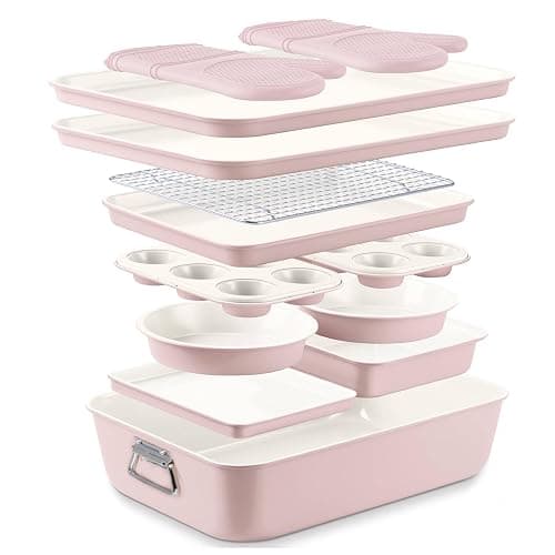 Country Kitchen Nonstick Stackable Bakeware Set - Deluxe Heavy Duty, Durable, Easy Release Baking Set, Pink, 13 Pcs with Handles - Image 1