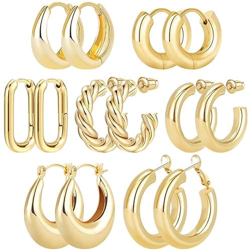 ALIWOLF Gold Hoop Earrings Set 14k Real Gold Plated Huggie Earrings Hypoallergenic Chunky Twisted Thick Jewelry for Multiple Piercing Christmas Gift for Women - Gold Hoop 061 - Image 1