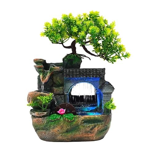 Tabletop Waterfall Fountain – 11 in Rockery Humidifier with Color-Changing LED Light, Adjustable Pump & Faux Bonsai Tree, Resin Indoor Desk Fountain Décor for Bedroom, Office, Aquarium, Meditation - Image 1