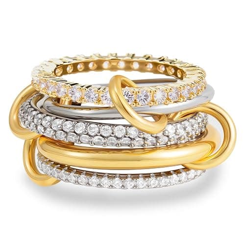 HDDNB 18K Gold Plated Stackable Rings for Women with Gift Box – Silver & Gold Multi-Link Connected Bands Set,Cubic Zirconia Mixed Metals Rings, Tarnish-Resistant Jewelry - Image 1