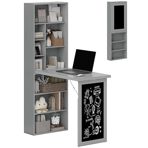 HOMCOM Fold-Out Convertible Writing Table, Computer Desk with Blackboard and Side Shelf Multi-Function Home Office Workstation, Charcoal Gray - Image 1
