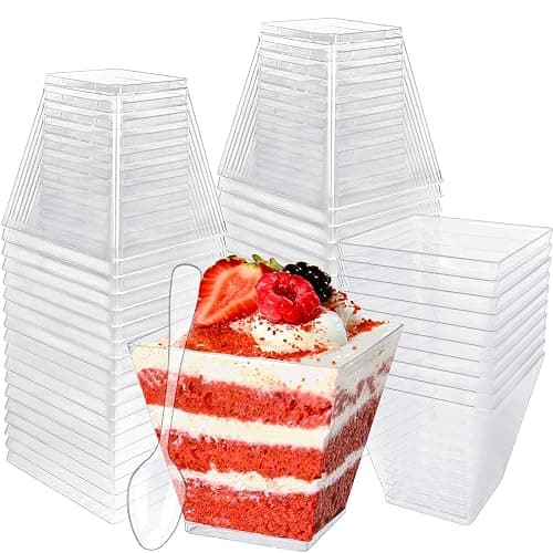100 Pack 3.5 oz Plastic Dessert Cups with Spoons,Clear Square Mini Dessert Cups,Small Tumbler Appetizer Cups Parfait Cups for Desserts,Mousse,Puddings,Party Supplies - Image 1