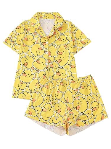 PUNINGXS Two piece women's pajama set S-2XL yellow duck print short sleeved button top and shorts with chest pocket - Image 1