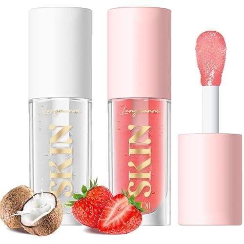 LANGMANNI 2 Pack Fruit Flavored Lip Oil Balm, Strawberry + Coco | 2 pack fruit lip oil, glossy non-sticky shine, moisturizing hydration, dry lips care, daily makeup, girls gift - Image 1