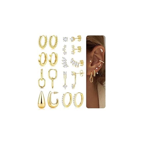 LOLIAS Hypoallergenic 14K Gold Plated Hoop Earring Stacks for Women -Huggie Stud Hoop Earrings Small Stainless Steel Cartilage Earring Sets for Multiple Piercing Lightweight 9Pairs - Image 1