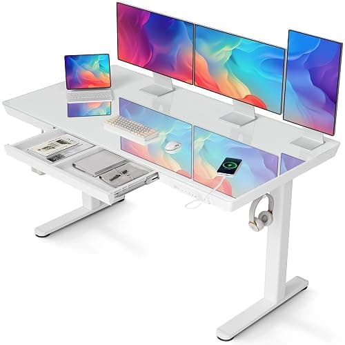 Claiks Glass Standing Desk with Drawers, 55 Inch Adjustable Stand Up Desk, Quick Install Home Office Computer Desk with USB Ports, White - Super White Glass - 55 inch - Image 1