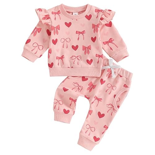 FYBITBO Toddler Baby Girl Valentines Day Outfit Heart Embroidery Long Sleeve Ruffle Sweatshirt Pants Set 2Pcs Spring Clothes - Image 1