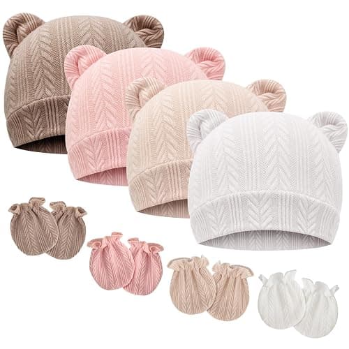DRESHOW Bonnets de Naissance et Moufles de Protection Bébé Gants Bonnet Nouveau-né Bambin Doux Mignon Tricoté Chapeau 0-6 Mois, Taille Unique - Image 1