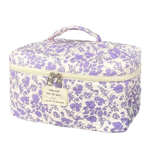 WYJ Purple Large Quilted Floral Makeup Bag Cute Soft Coquette Aesthetic Cosmetic Bag Cotton Travel Toiletry Bag for Women - Image 1