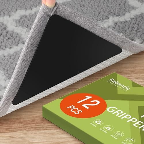 Rabenda 12 Pcs Rug Tape, Non Slip Rug Pads Grippers for Hardwood Floors and Tiles, Reusable Carpet Tape for Area Rugs, Double-Sided Adhesive Rug Stickers Keep Corners Flat (Black) - Image 1