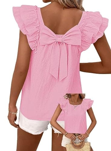 Falechay Womens Bow Tie Back Tops Round Neck Ruffle Short Sleeve Shirts Cute Babydoll Chiffon Tee Women Summer Trendy Tunic - Image 1