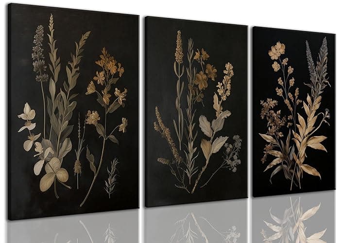 TUEASKY 3 Piece Moody Botanical Canvas Wall Art Vintage Floral Wall Art Boho Dark Flower Decor Black Wildflower Art Prints for Living Room Bedroom 12x16in Framed - Image 1