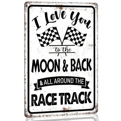 Race Car Room Decor For Boys Bedroom Racing Car Wall Decor - I Love You To The Moon And Back All Around The Race Track Sign, Home Wall Art Metal Signs Vintage Cars Birthday Party Decorations 8x12 Inch - Image 1