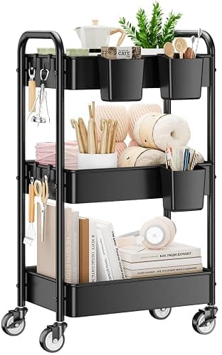 YASONIC 3 Tier Rolling Cart - Metal Utility Cart with Wheels, Hanging Cups, Hooks, Heavy Duty Mesh Rolling Storage Cart Organizer, Craft Cart for Kitchen Office, Lightweight and Sturdy - Black - Image 1