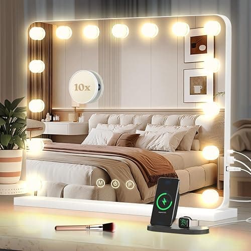 LZNIOZ Hollywood Vanity Mirror for Makeup: 58x48 cm - 3 Color Modes,15 Dimmable LED Bulbs,USB & TYPE-C Output Port,touch Screen, Tabletop or Wall Mounted for Women - Bedroom - 58L x 48W cm - Image 1