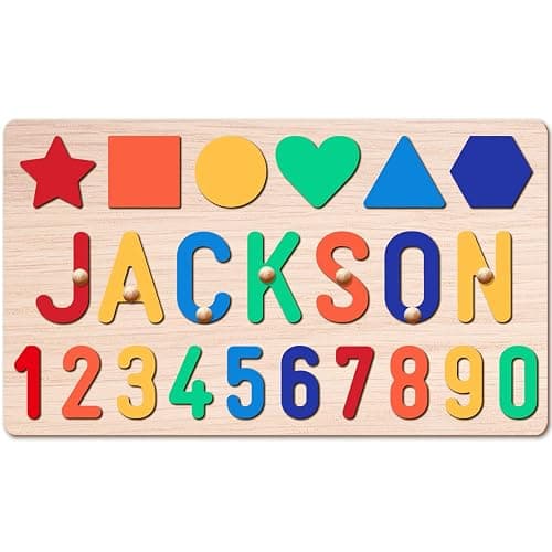 AZUFEMOS Personalized Name Puzzle for Kids, Personalized Baby Gifts Name Puzzles for Toddlers 1-3, 1st Birthday for Girls & Boys Wooden Alphabet & Shape Puzzle Montessor Toys for Kids - Image 1