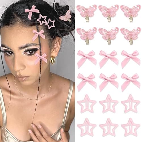 YAEISM 18PCS Pink Hair Clips Metal Non Slip Star Hair Snap Clips Aurora Butterfly Hairpin Y2K Hair Barrettes for Girls Women - Image 1