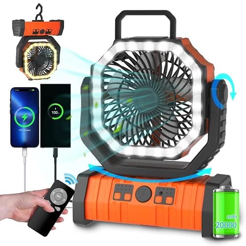 ADUST Camping Fan - 20000mAh Battery Powered Fan Battery Operated Rechargeable Portable Outdoor Tent Fans with Hanging Hook, Cordless, 4 Speeds, Remote Control - Orange - Image 1