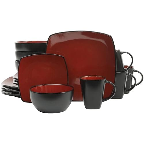 Gibson Elite Soho Lounge Square 16-Piece Dinnerware Set, Service for 4, Reactive Glaze Stoneware Plates and Bowls, Modern Dishes, Microwave & Dishwasher Safe – Red and Black - Image 1