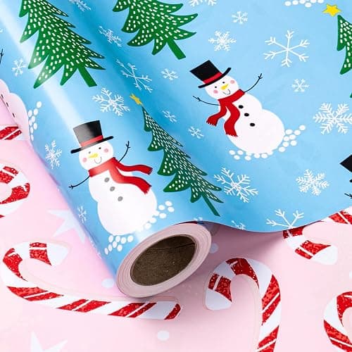 LeZakaa Christmas Wrapping Paper for Kids, Mini Roll, Red Truck, Snowman Christmas Tree in Blue & Pink Candy Cane Reversible Design for Winter Holiday Family Gathering, 17 inches x 32.8 Feet - Image 1
