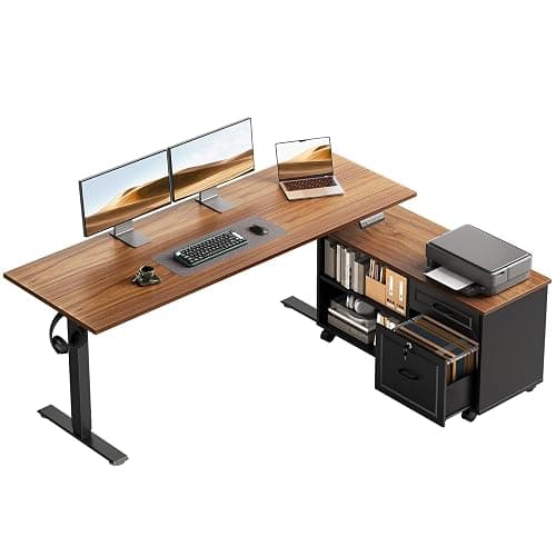 OffiGo 55 Inch L Shaped Electric Standing Desk with Drawers & File Cabinet Sets, Executive Sit Stand Desk, Height Adjustable Computer Desk for Home Office, Writing, Workstation, Walnut+Black - Image 1