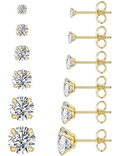 6 Pairs Stud Earrings Set, Hypoallergenic Cubic Zirconia 316L Earrings Stainless Steel CZ Earrings 3-8mm - Image 1