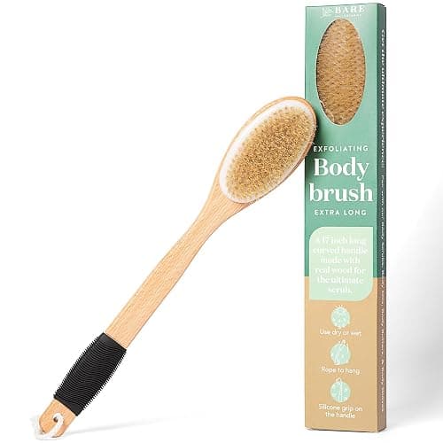 Bare Botanics 17" Dry Brushing Body Brush - Medium Firmness, Natural Color & Silicone Grip - Extra Long Bath Brush - Ergonomic Curved Handle Design w/Hang Rope - Back Scrubber for Shower - Image 1