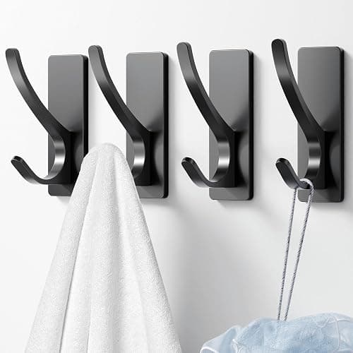 Josmimic Self Adhesive Towel Hooks: Extra Strong 13LB, Stainless Hook for Hanging Loofah, Towels, Coat, Bath Robe Bathroom Shower, Black, 4 Pack - Black - 4 Pack - Image 1