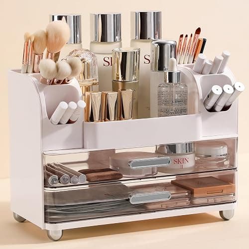 Anyoifax Makeup Organizer Countertop with Large Drawers, Vanity Organizer with Brush Holder, Skin Care Storage for Dresser, Perfume Organizer for Lotion, Lipsitck, Palette, White - Image 1