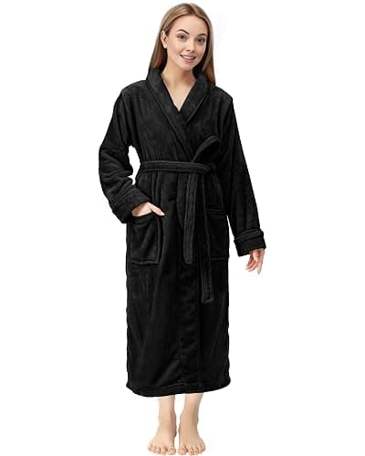 NY Threads Premium Women's Robe Plush Soft Long Bathrobe Warm Fleece Shawl Collar Spa Robe - Small (Pack of 1) - Black - Image 1
