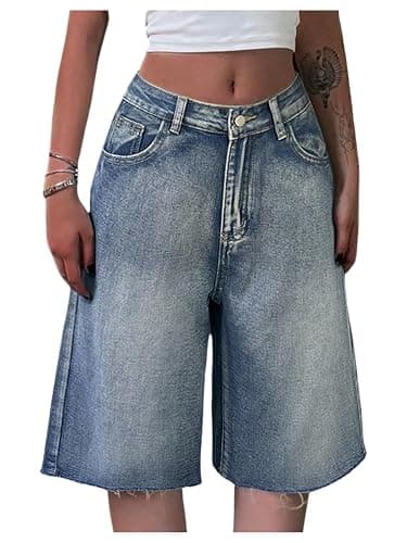GORGLITTER Girl's Jean Shorts Jorts Low Rise Baggy Wide Leg Ripped Hem Bermuda Denim Shorts Y2k Bottoms - Image 1