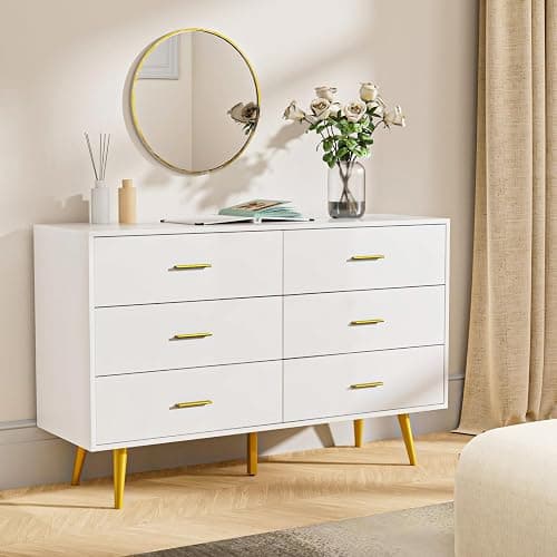 CARPETNAL White Dresser for Bedroom, 6 Drawer Dresser with Wide Drawers and Gold Metal Handles, 47” Wood Dressers & Chests of Drawers for Hallway, Entryway. - Image 1